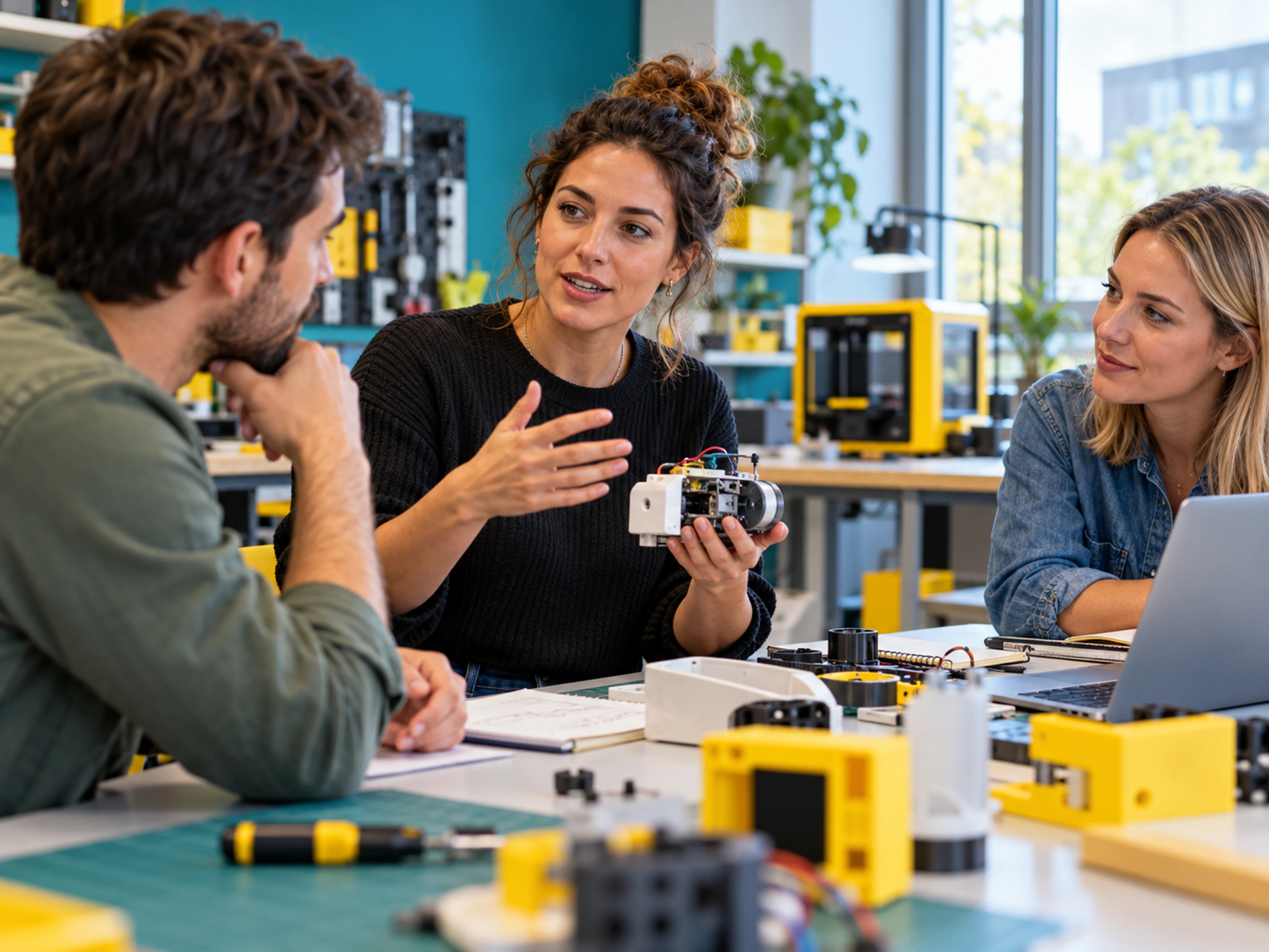 Un’ingegnera di prodotto spiega un prototipo al team in un laboratorio.