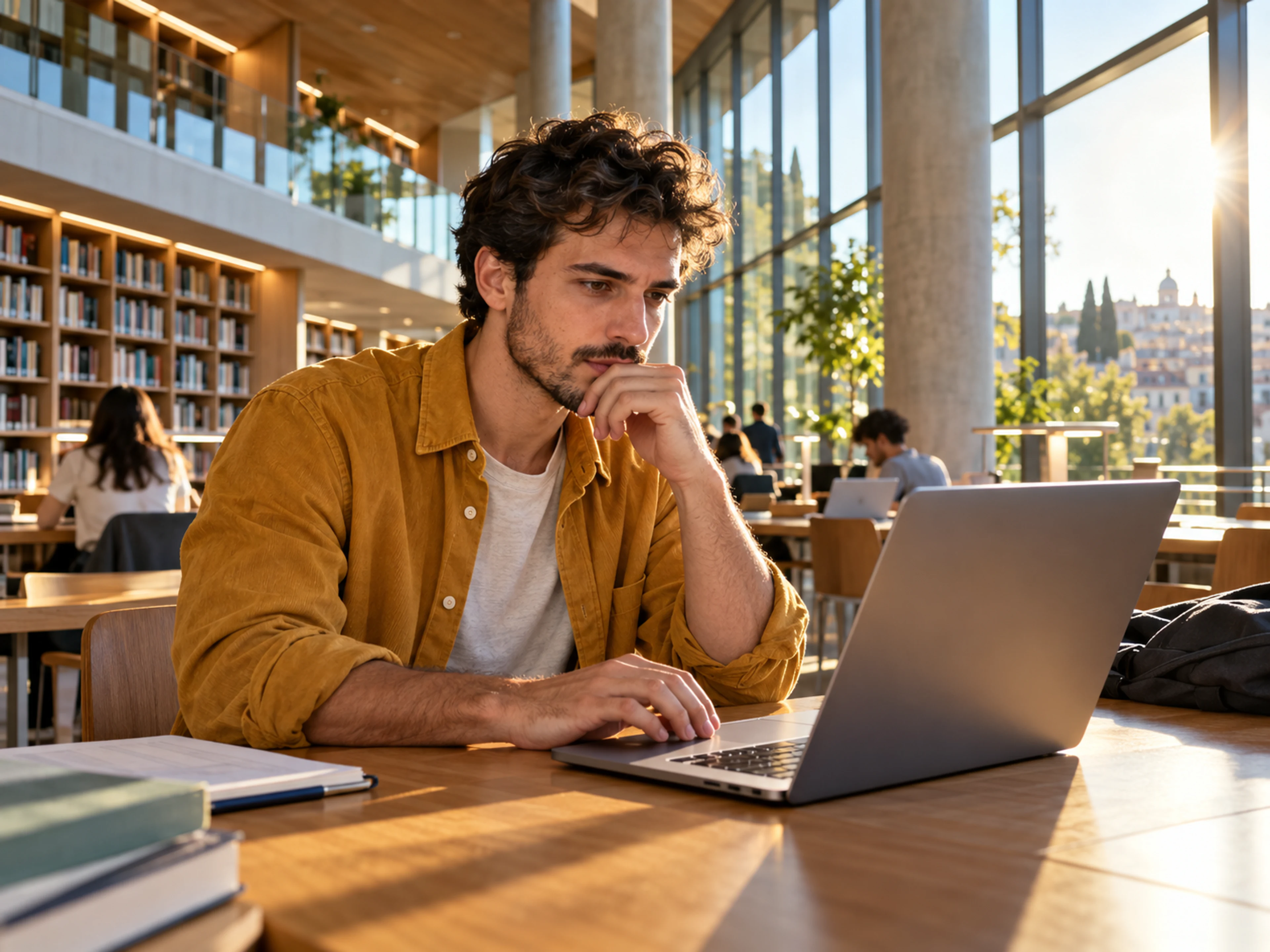 Un candidato valuta online un annuncio di lavoro in una biblioteca luminosa.
