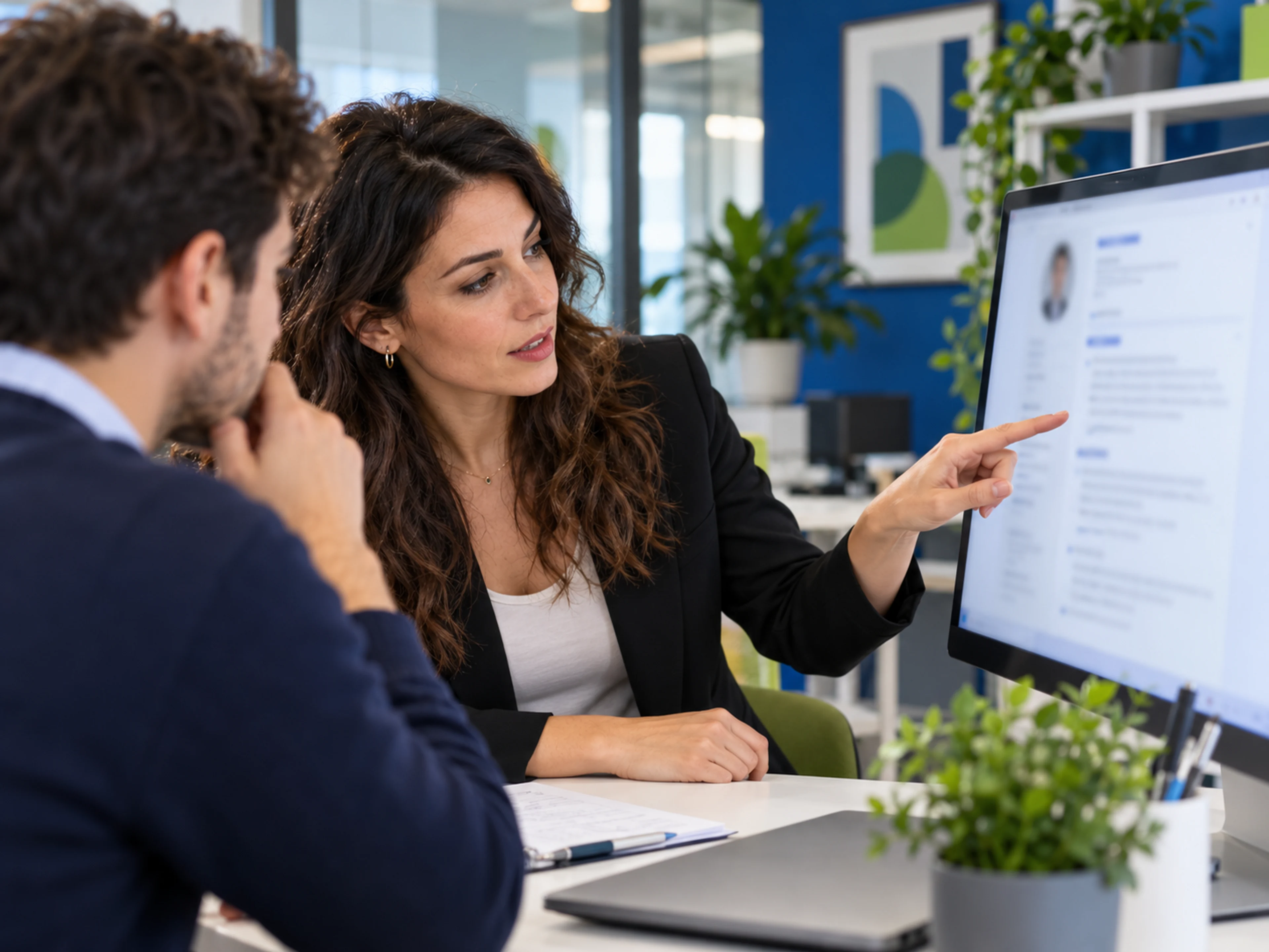 Una recruiter e una candidata controllano insieme un documento sul monitor in ufficio.