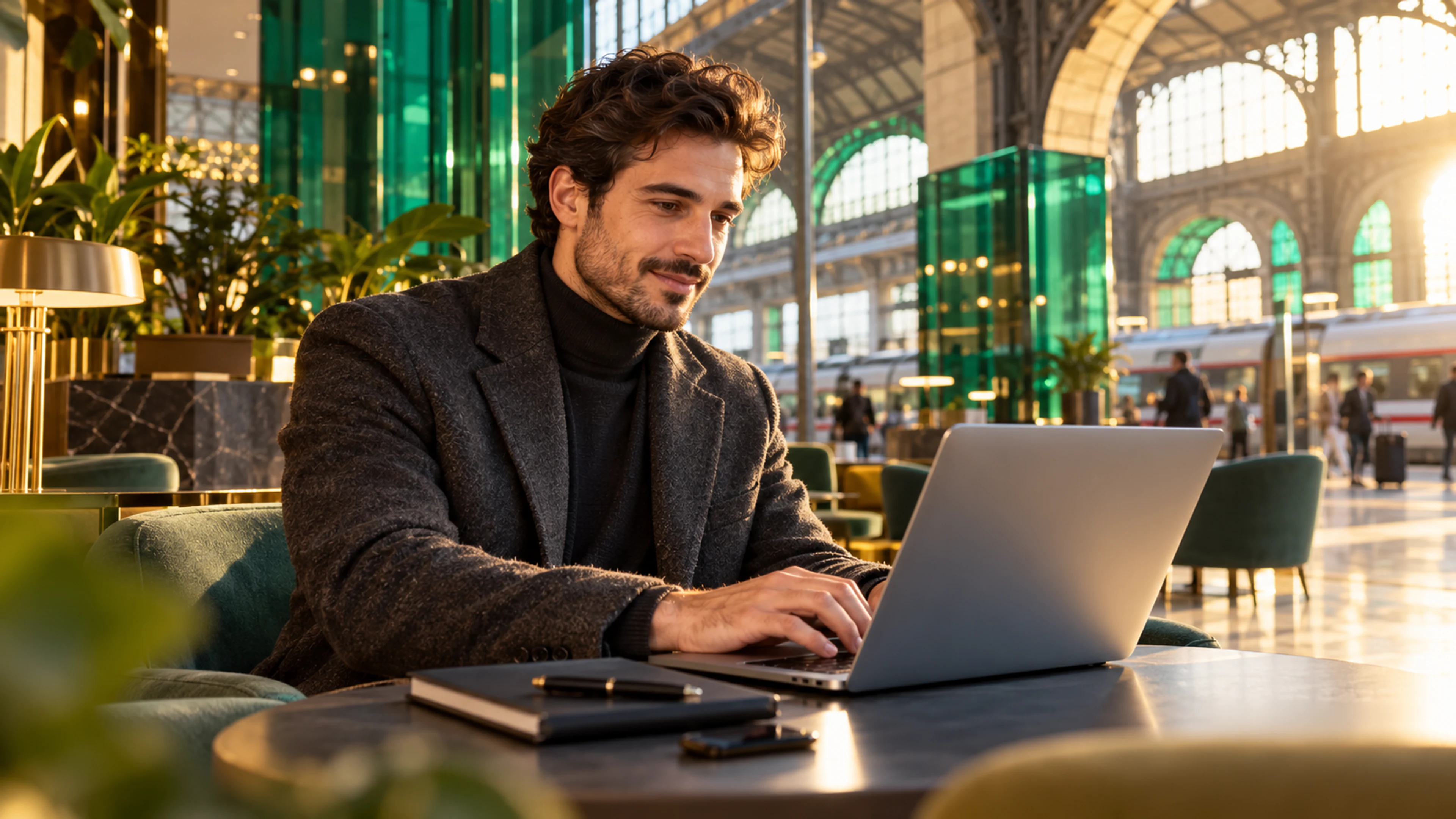 Un candidato italiano prepara un’email di candidatura al laptop in uno spazio di coworking.