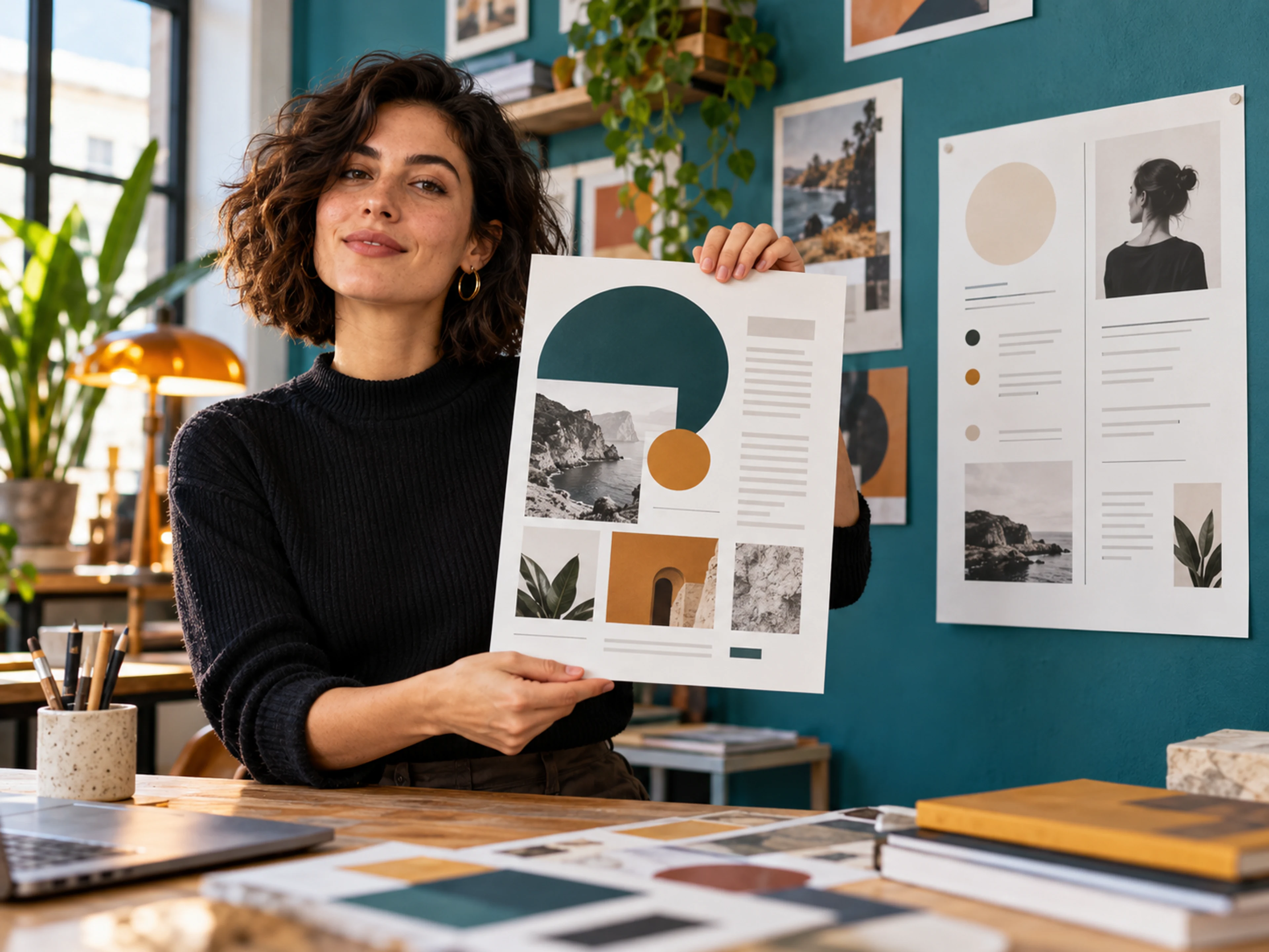 Una designer italiana mostra due proposte di impaginazione in uno studio creativo.