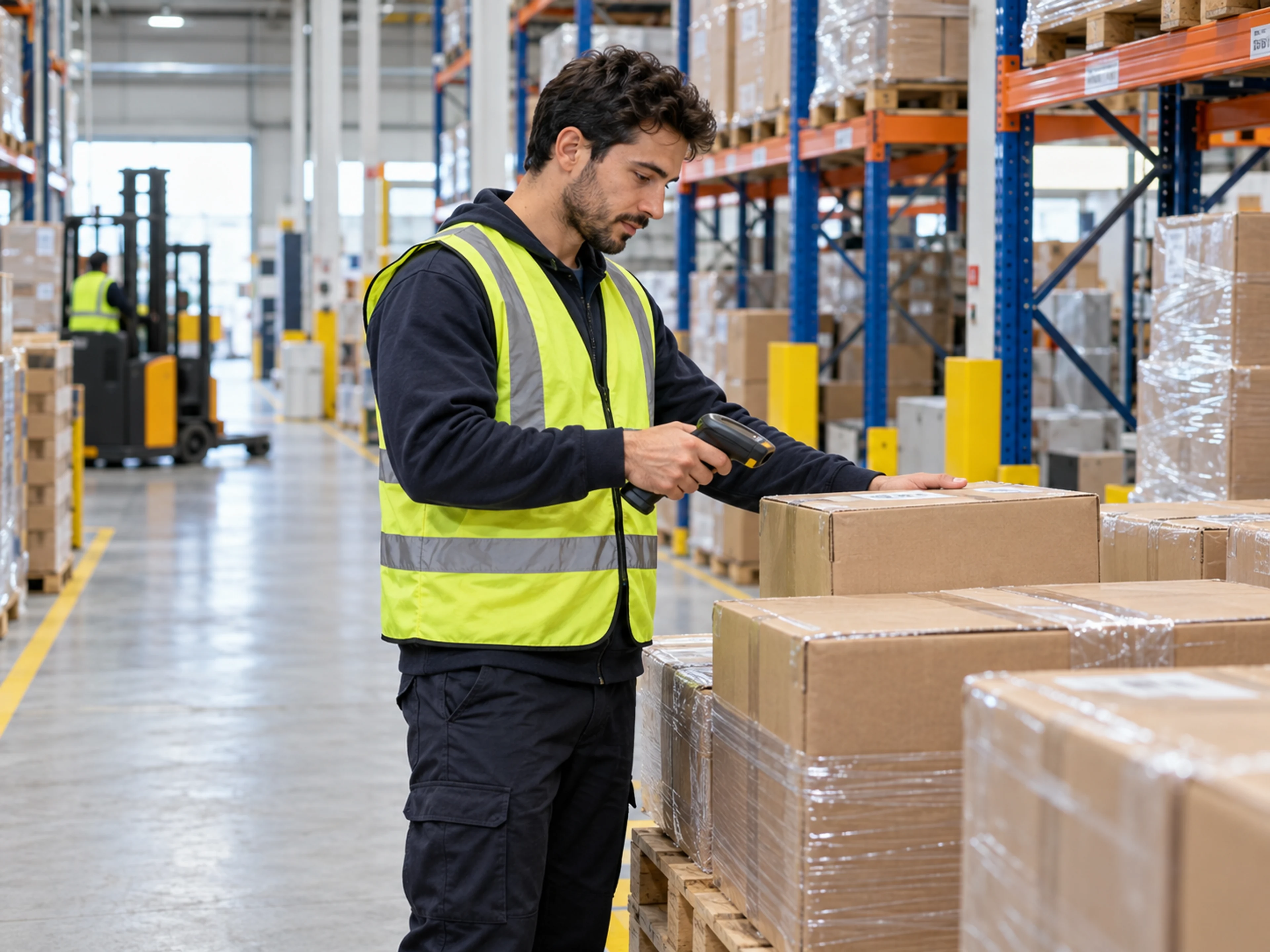 Un magazziniere usa un lettore barcode per controllare un pacco in un deposito organizzato.